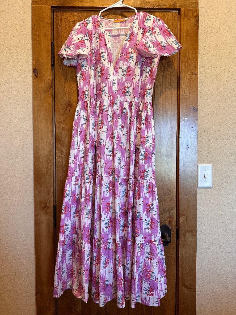 Oliphant Pink Printed Tiered Maxi Dress Flutter Sleeve Size M